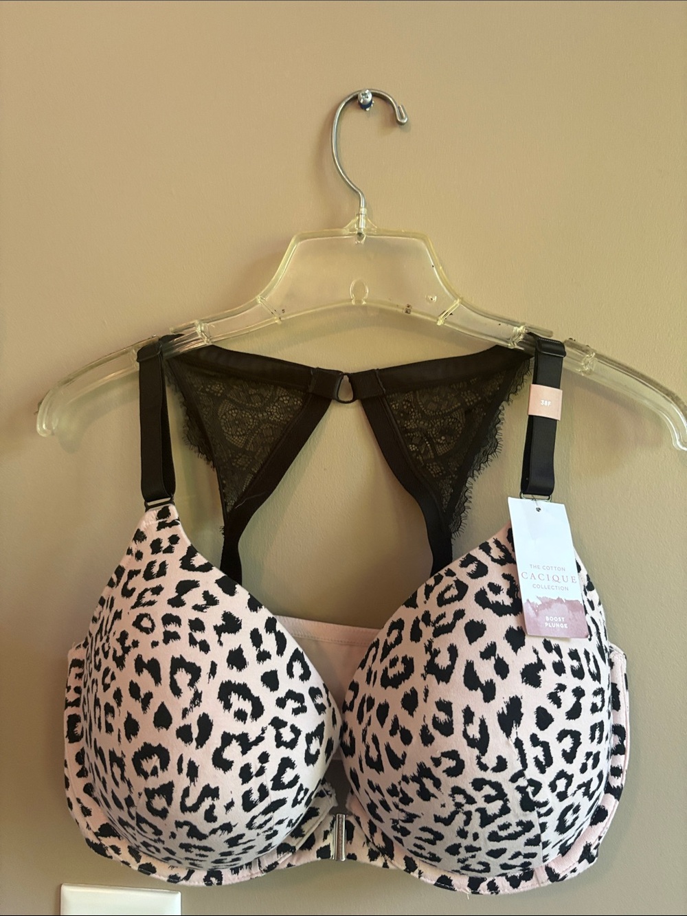 Cacique Pink and Black Leopard-Print Lace-Back T-Shirt Bra